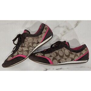 Coach Dillon Y2K Sneaker Signature Canvas Jacquard Suede Shoe Brown Pink Size 8M